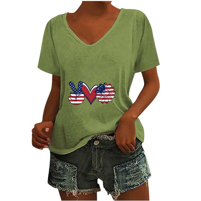 Camisetas Casuales de las Mujeres Gradiente Día de la Independencia Impreso Cuello Redondo, Blusa de Manga Corta para Diario, Fiesta Y Primavera Verano