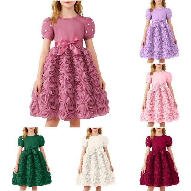 SBYOJLPB Robe Unie pour Enfants Col Rond Manches Courtes Robe d'Été Fille en Maille avec Nœud Jupe Décontractée et Confortable