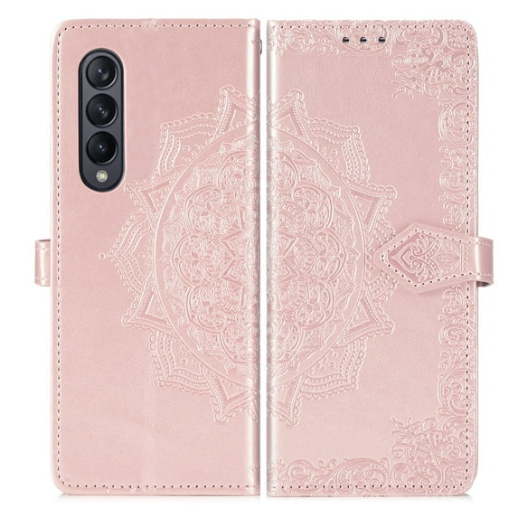 SaniMore for Samsung Galaxy Z Fold 4 7.6" 2022 Wallet Case Embossed Mandala PU Leather Flip Protection Wrist Strap Credit Card Holder Pocket Kickstand Shockproof Folding Case for Z Fold 4, Rosegold