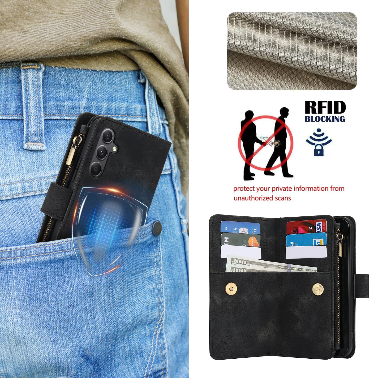 for Samsung Galaxy S24 FE Wallet Case with Card Holder for Women Men, Phone Case RFID Blocking PU Leather Flip Shockproof Cover with Shoulder + Wrist Strap Zipper Credit Card Slots Stand, Black