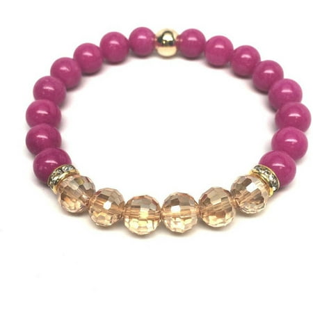 Julieta Jewelry Fuchsia Jade and Champagne Crystal Glow 14kt Gold over Sterling Silver Stretch Bracelet