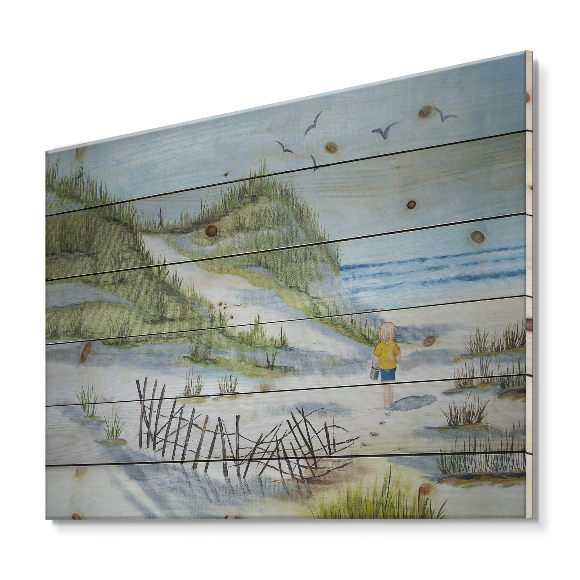 Designart 'Child Walking to The Beach' Nautical & Coastal Print on Natural Pine Wood