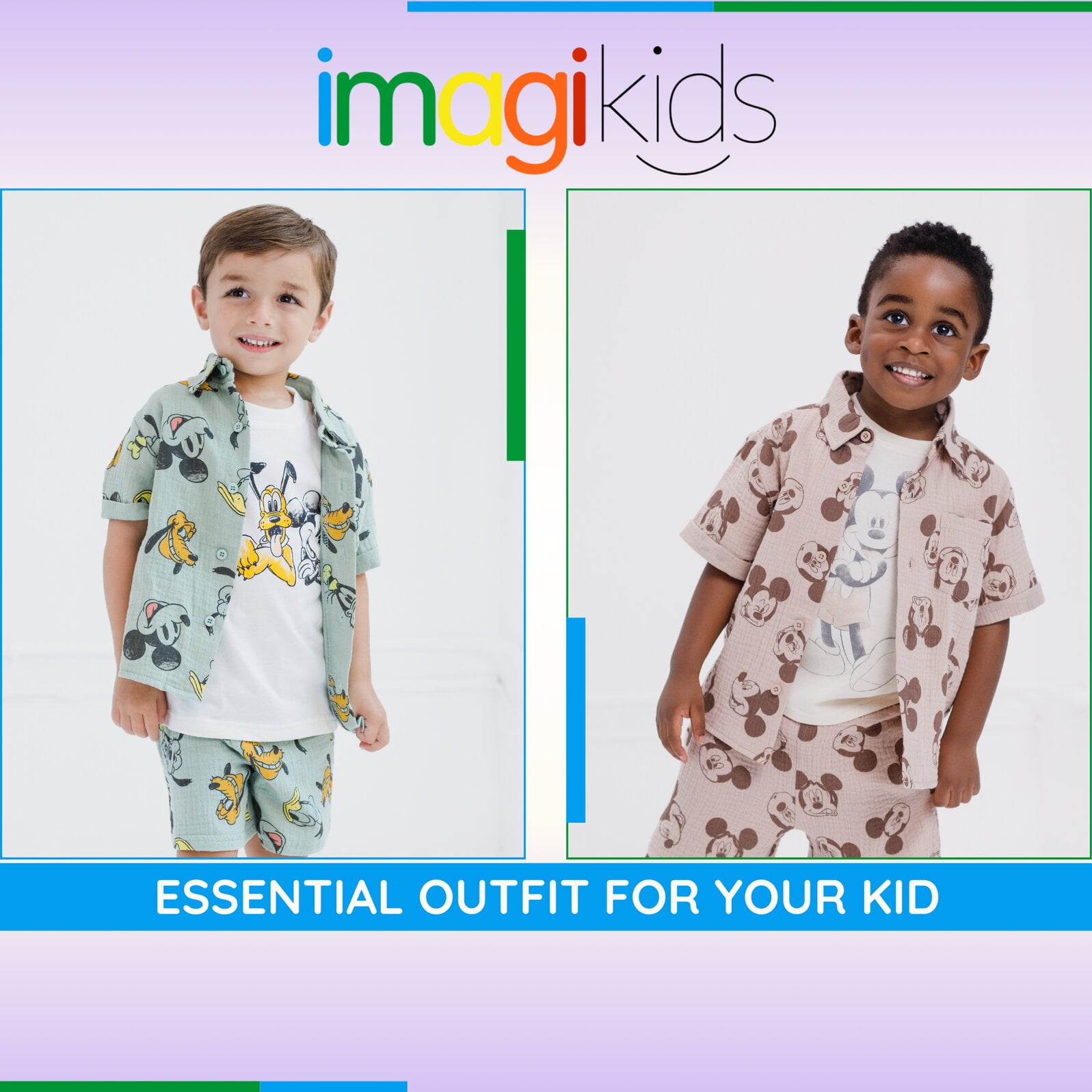 Disney Mickey Mouse Cotton Gauze Button Down Shirt, T-Shirt and Shorts 3 Piece Outfit Set Infant to Little Kid