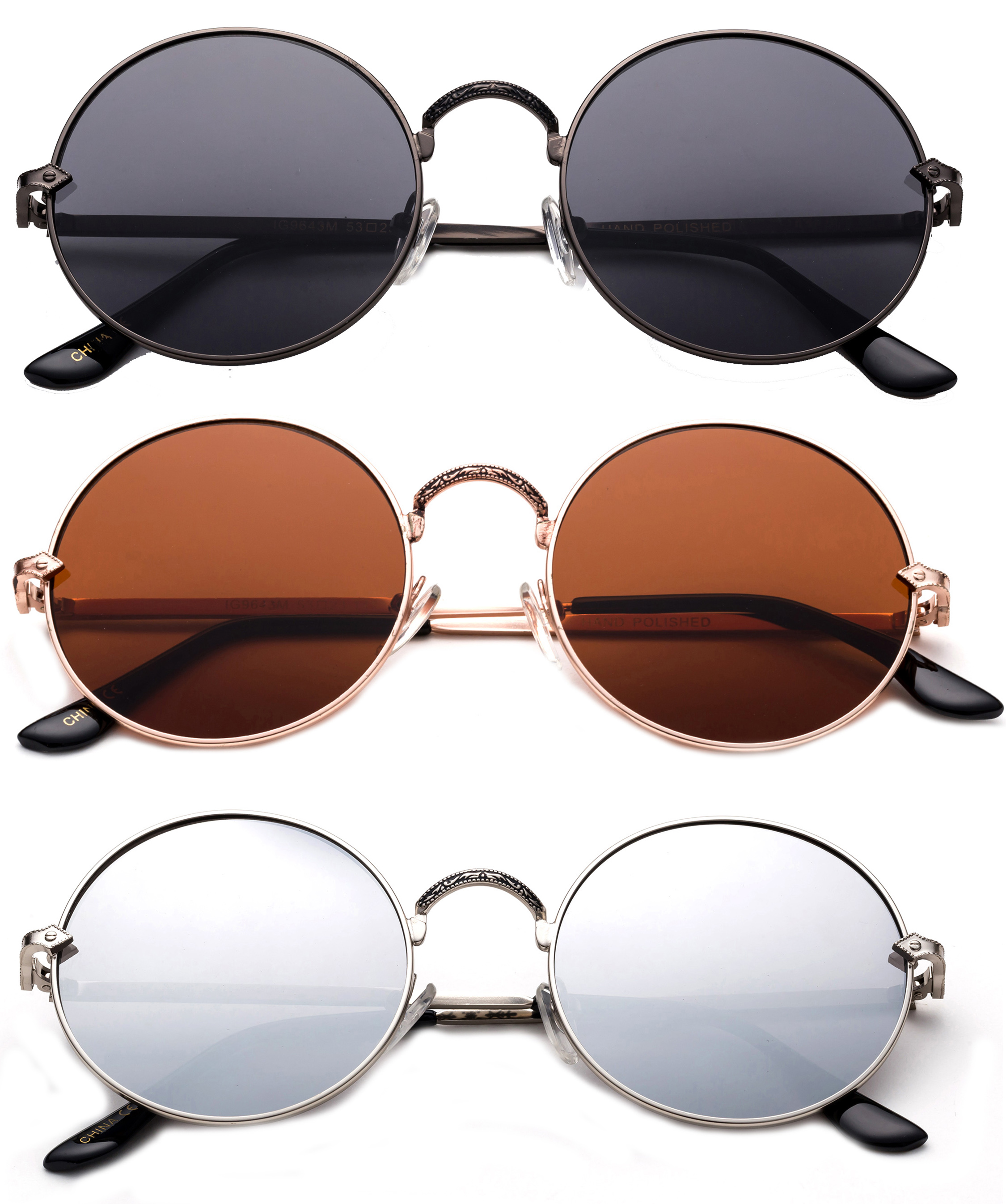 3 Pack Round Metal Frame Circle Rim Fashion Sunglasses for Women for Men, Gunmetal, Brown & Flash Mirror - image 1 of 2