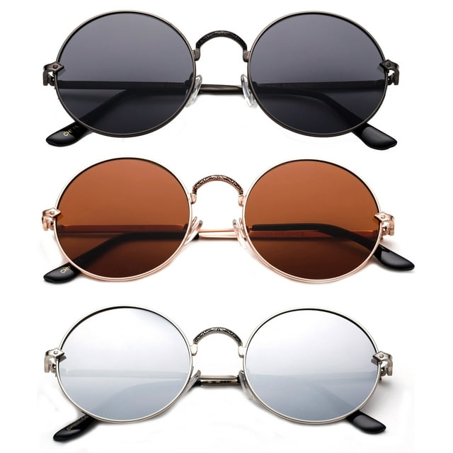 3 Pack Round Metal Frame Circle Rim Fashion Sunglasses for Women for Men, Gunmetal, Brown & Flash Mirror