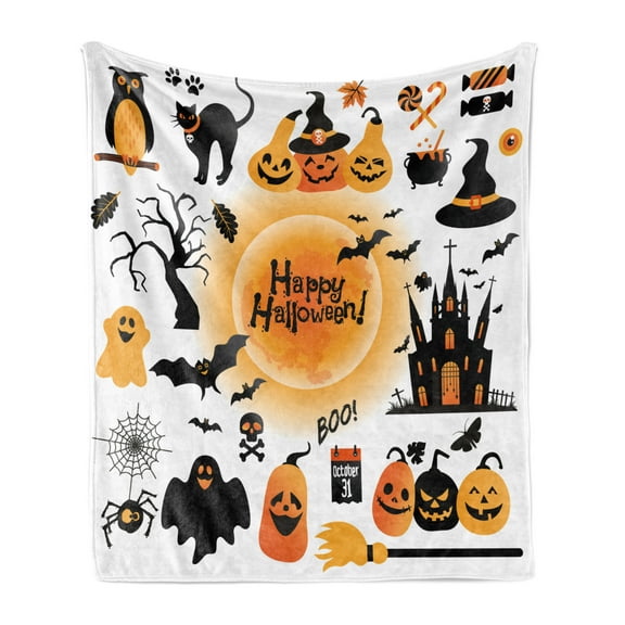 Halloween Soft Flannel Fleece Throw Blanket, All Hallows Day Objects Haunted House Owl and Trick or Treat Candy Black Cat, Cozy Plush for Indoor and Outdoor Use, 60" x 80", Orange Black, by Ambesonne