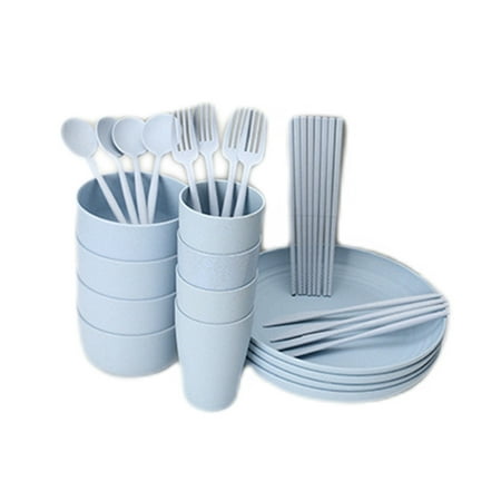 

28 Pcs Dinner Set Large Dinner Plates Cups Bowls Cutlery-E