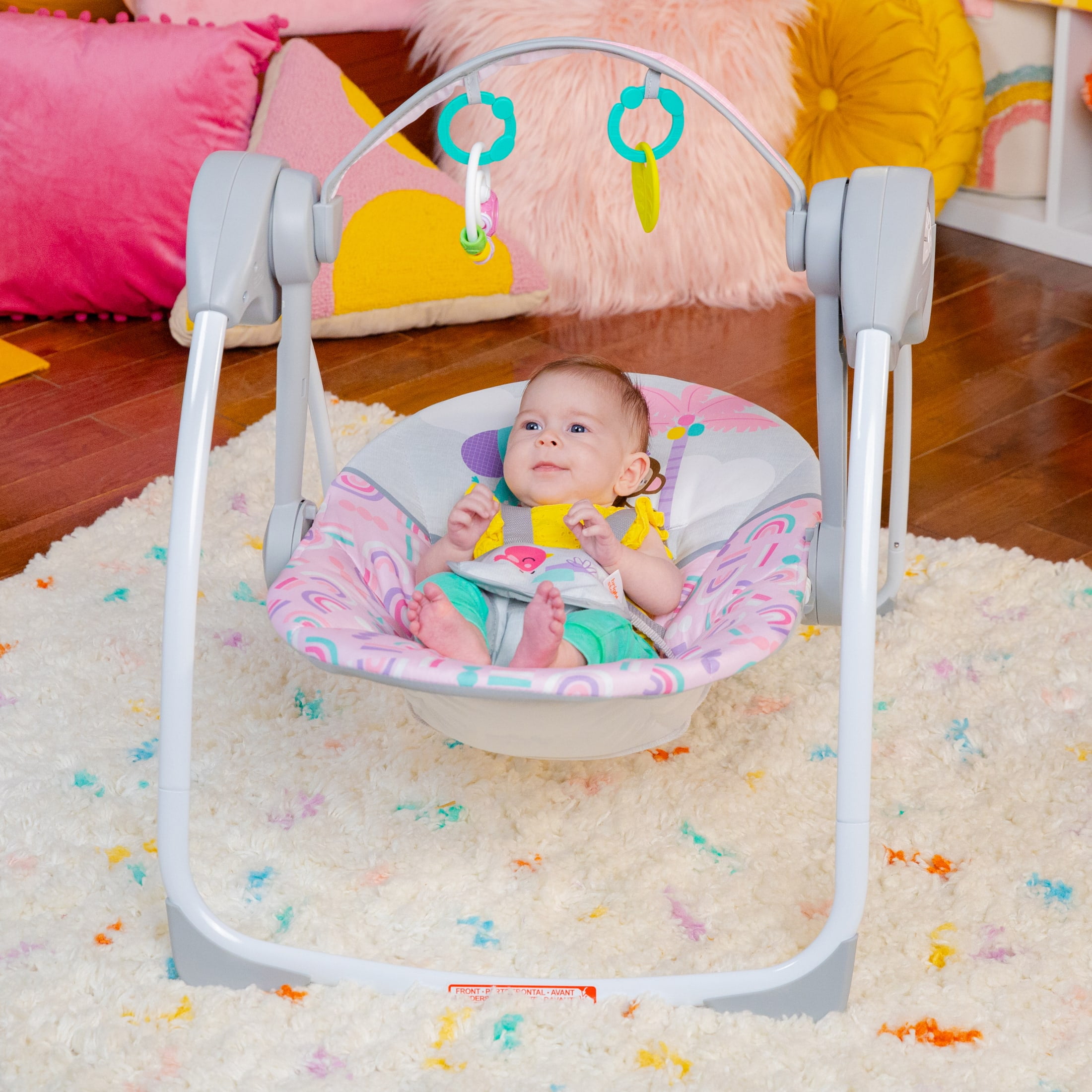 Bright Starts Pink Paradise Portable Compact Baby Swing with Toys, Unisex, Newborn +