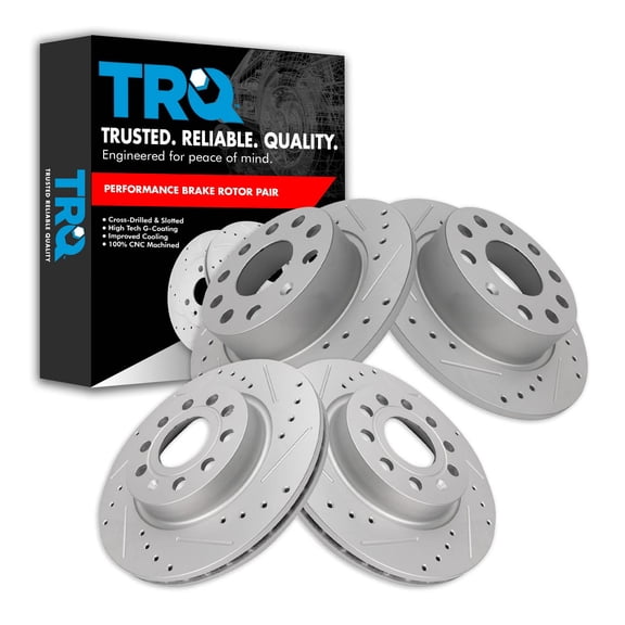 TRQ Front and Rear Performance Brake Rotors Set Premium G-Coated Cross Drilled & Slotted Fits Select 2011 Audi A3 Quattro 2011-2018 Volkswagen Jetta