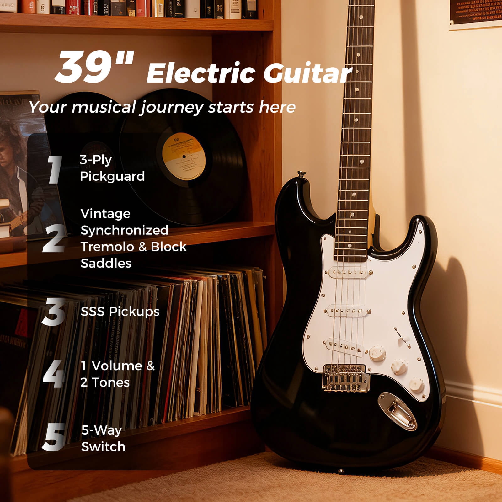 Costway 39" Electric Guitar Beginner Kit with Amplifier, Classic SSS Pickup, Gig Bag, Capo Black