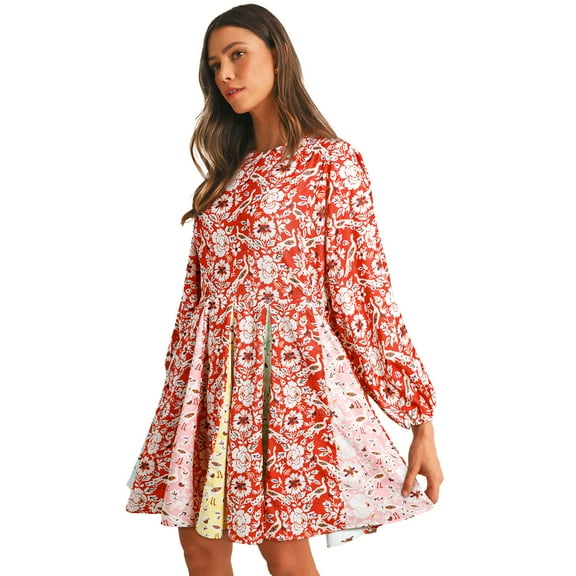 Women's Red Colorful Floral Patchwork Long Sleeve Pleated Mini Dress - [ZhiHiMeRi] | (US 4-6)S