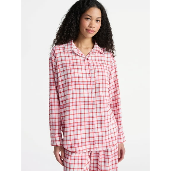 No Boundaries Sleepwear Cotton Flannel Button Down Shirt, Women’s