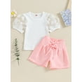 thumbnail image 2 of Bagilaanoe 2pcs Toddler Baby Girl Shorts Set Mesh Short Puff  Sleeve T Shirt Tops + Shorts 1T 2T 3T 4T 5T 6T Kids Casual Summer Clothes, 2 of 9
