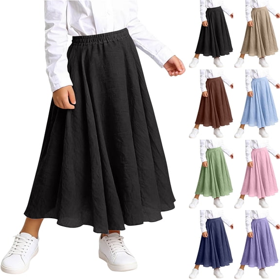 Purcolt Girls Maxi Skirt Cotton Solid Elastic High Waist Long Skirts Lightweight Casual Summer Midi Dress with Pockets