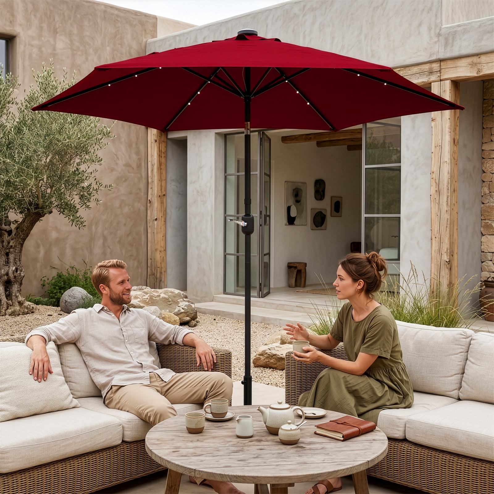 9ft Solar Patio Umbrella with LED Lights, UPF 50+ Waterproof Canopy, 6 Iron Ribs, Push Button Tilt & Crank Lift, Beige for Patio Garden Poolside