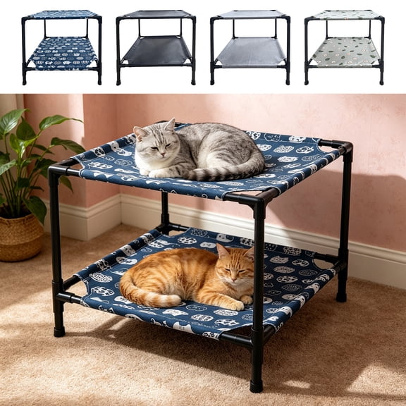 Voglyf Double Layer Cat Hammock Bed - Free-Standing Elevated Cot Indoor Pet Bed with Frame, Washable Cover, Rubber Feet, Tool-Free, for Large Cats or Small Dogs - Gray 19.7" x 17.7",Grey