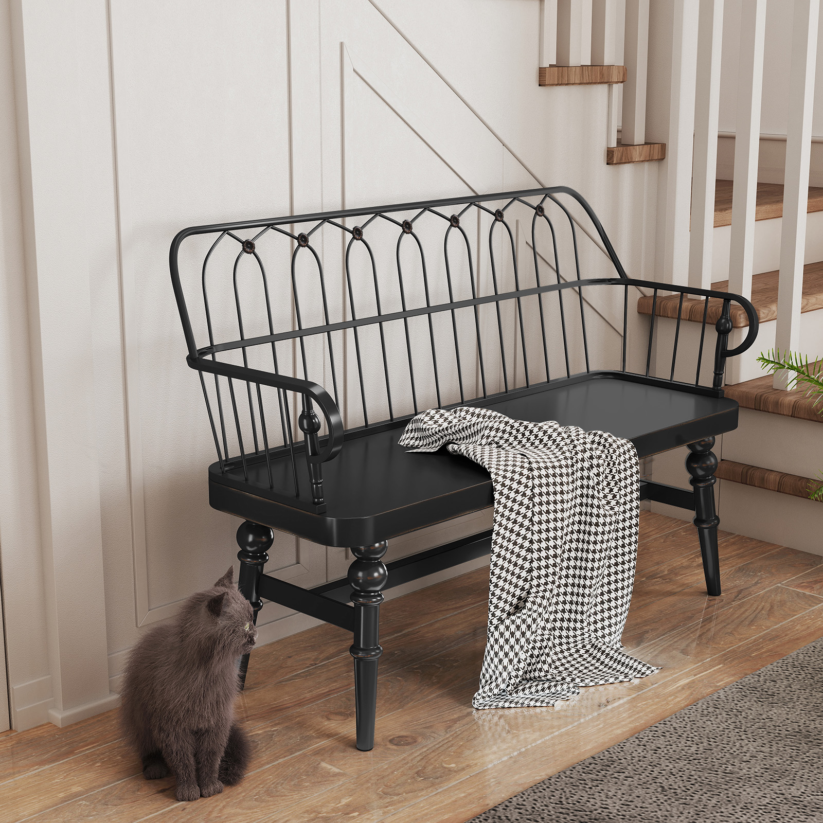 HLR Entryway Bench, Farmhouse Wood with Spindle Back, Black photo 6