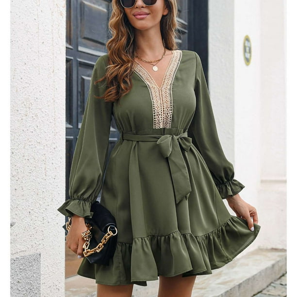 Vestido corto de corte A para mujer vestido fluido de encaje con cuello en V cintura alta mangas largas dobladillo con volantes otono e invierno Bodega Aurrera en linea