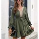 thumbnail image 3 of Vestido corto de corte A para mujer, vestido fluido de encaje con cuello en V, cintura alta, mangas largas, dobladillo con volantes, otoño e invierno, 3 of 8