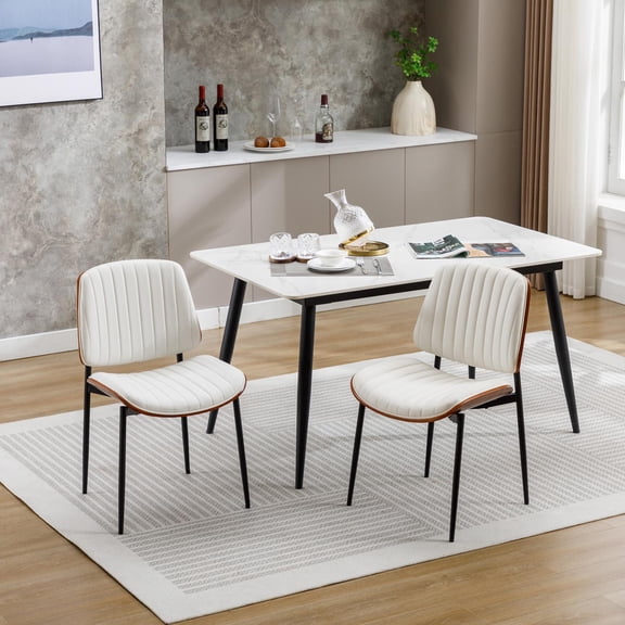 Dining Chairs Set of 2, Mid Century Modern Faux Leather Chairs with Bentwood Seat & Adjustable Metal Legs, for Kitchen Dining Office, White