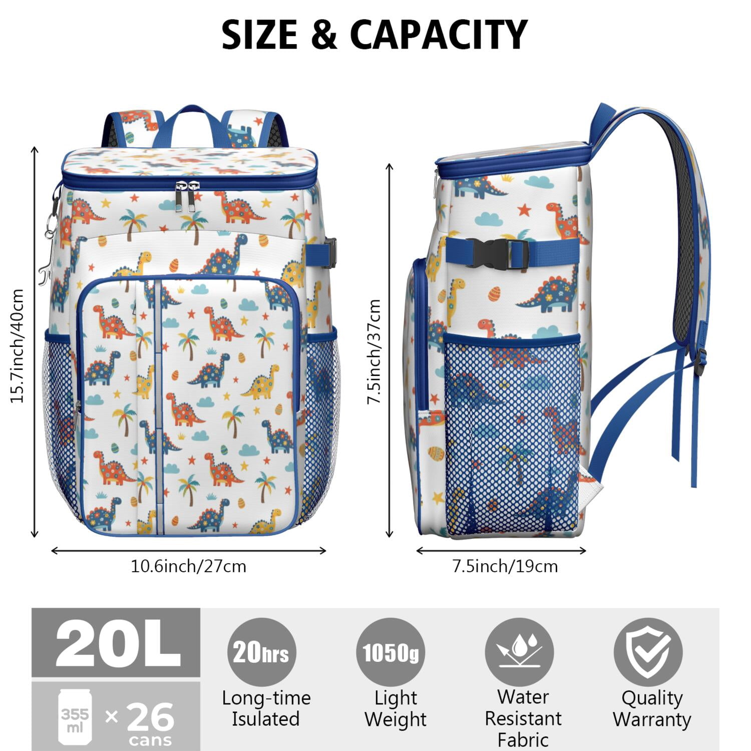 Travel Cooler Bag - White Dinosaurs Palms Stars Pattern Camping Beer Cooler Backpack with Bottle Opener- Waterproof Insulated Picnic Backpacks - Cooler Bag for Beach