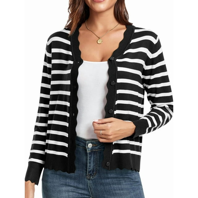 Cardigans pour Femmes, Chandails à Manches Longues, Décontractés, Légers, Boutonnés, Col en V, Chandail d'Automne, Rayures Noires, m