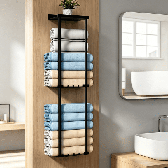 3-Tier Wall Mounted Towel Rack for Bathroom, Heavy Duty Carbon Steel Towel Holder with Hooks, 31" Wide Black Bathroom Towel Storage Shelves, Space Saving Organizer