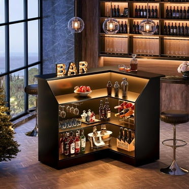 Tribesigns Bar Cabinet, L-Shaped Home Bar Table with Stemware Racks, 4-Tier Corner Bar Unit Liquor Wine Bar Table Reception Desk, Black