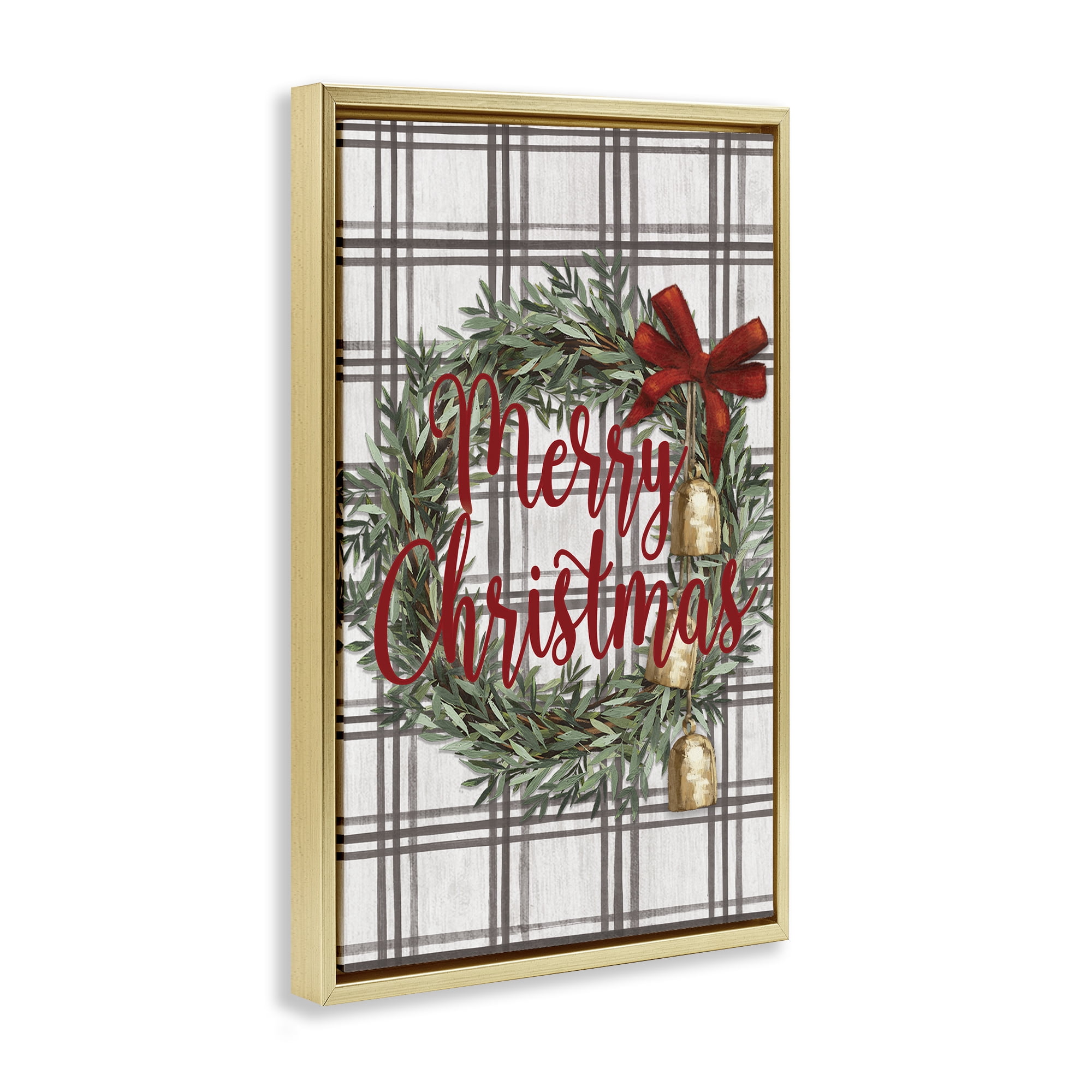 Stupell Industries Plaid Christmas Wreath Holiday Painting Gold Floater Framed Canvas Art Prints Wall Art, 21 x 31