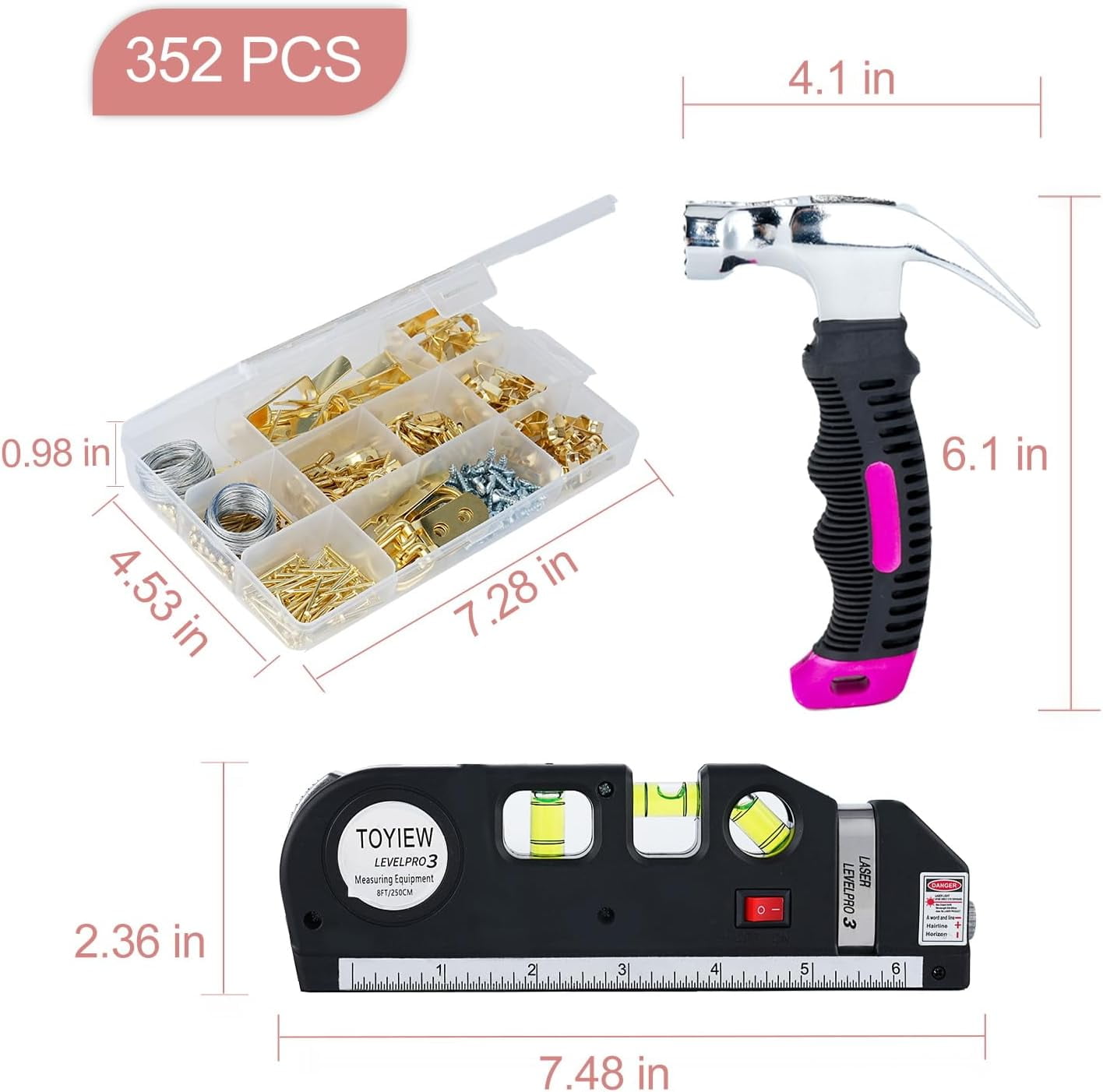 TOYIEW Picture Hanging Kit Tool, 352pcs Hanging Hardware with Heavy Duty Frame Hooks, Wire, Nails, D Rings, Photo Sawtooth Hangers, Wall Art Hanging Kit with Laser Level, Pink Claw Hammer