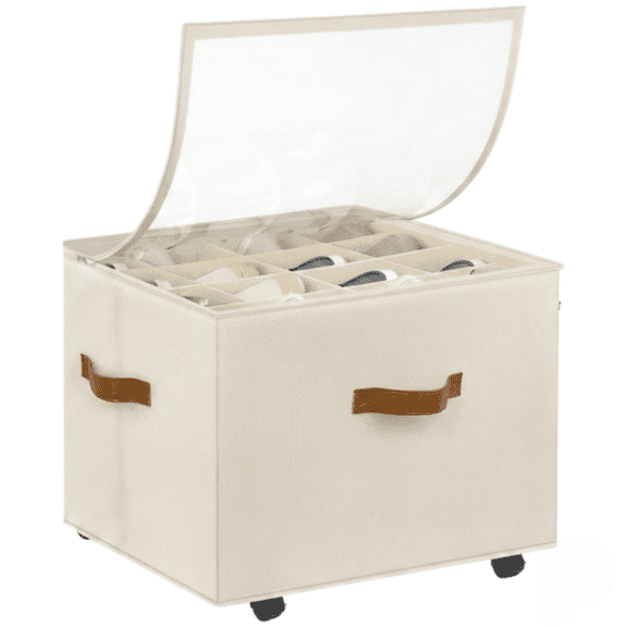 Shoe Organizer for Closet, Shoe Box Storage Containers with Wheels and Adjustable Dividers, Fits up to 8-16 Pairs, Beige