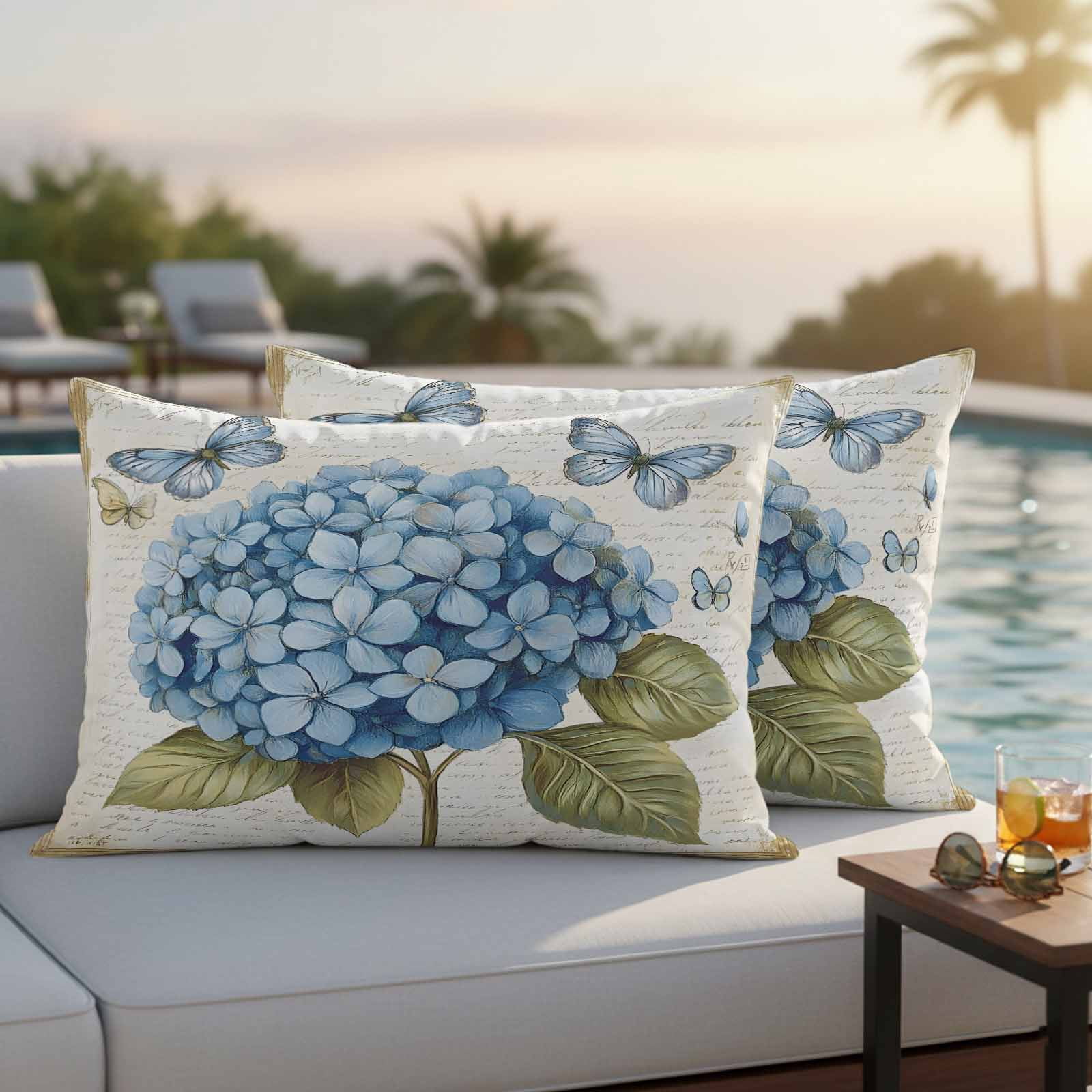 Blue Hydrangea Outdoor Waterproof Pillow Covers, Spring Vintage Botanical Butterfly Decorative Rectangle Throw Pillowcase Sofa Cushion Sham for Patio/Couch/Chair, 20"x12" 2 Pack