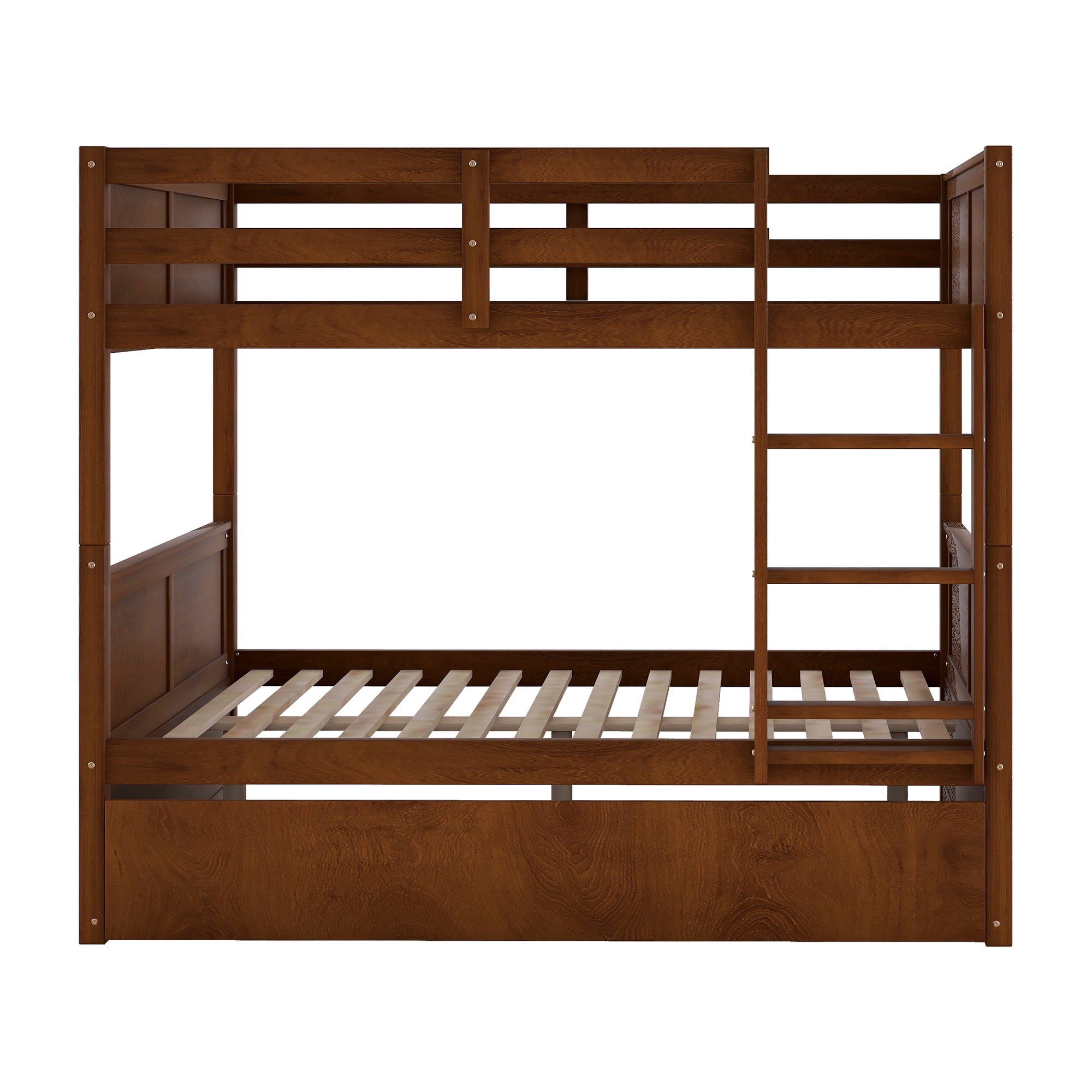 DEALTOPS Full Over Full Bunk Bed with Twin Size Trundle for Kids and Adults, Wood, Walnut
