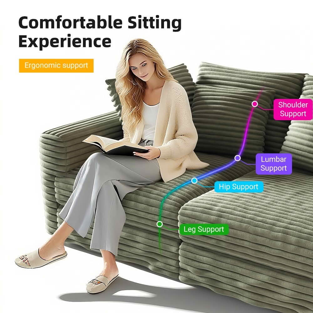 MAYEERTY 102.4" Plush Corduroy 4-Seat Cloud Sofa, Modern Comfy Upholstered Deep Seat Couch with Soft Pillows & Movable Ottoman, Convertible Sofa Lounge Chair for Living Room