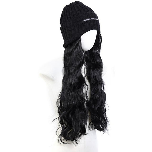 SharkTRUE Bonnet Synthétique Ondulé Long avec Perruques et Pompon Tricoté