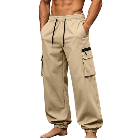JTSRKL Men's Multi Pocket Cargo Joggers Drawstring Elastic Waist Loose Fit Stretch Casual Trousers Breathable Outdoor Hiking Daily Workout Pants Khaki M