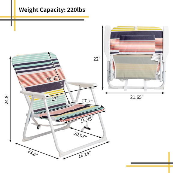 56x60x63cm Small Size Beach Chair, White Iron Frame & Multi-Color 600D Oxford Cloth, 100kg/200lbs Capacity, Lightweight Foldable Chair for Ladies/Kids, Outdoor Picnic Camping