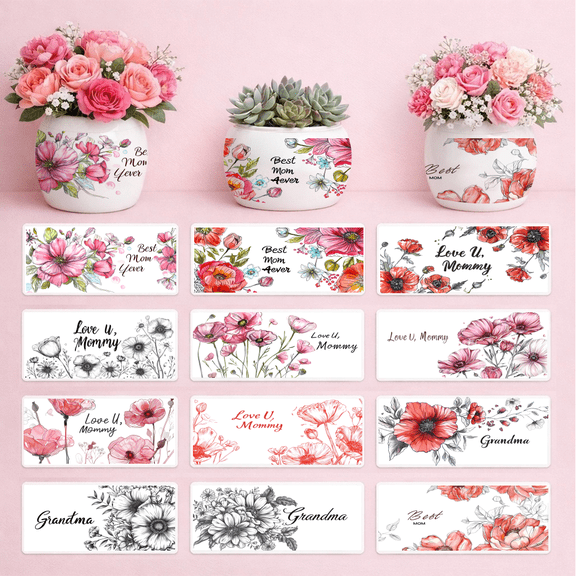 UCEI 12 Sheets Mother Day Transfer Stickers Waterproof Floral Decals for Mugs Vases Glass Cups