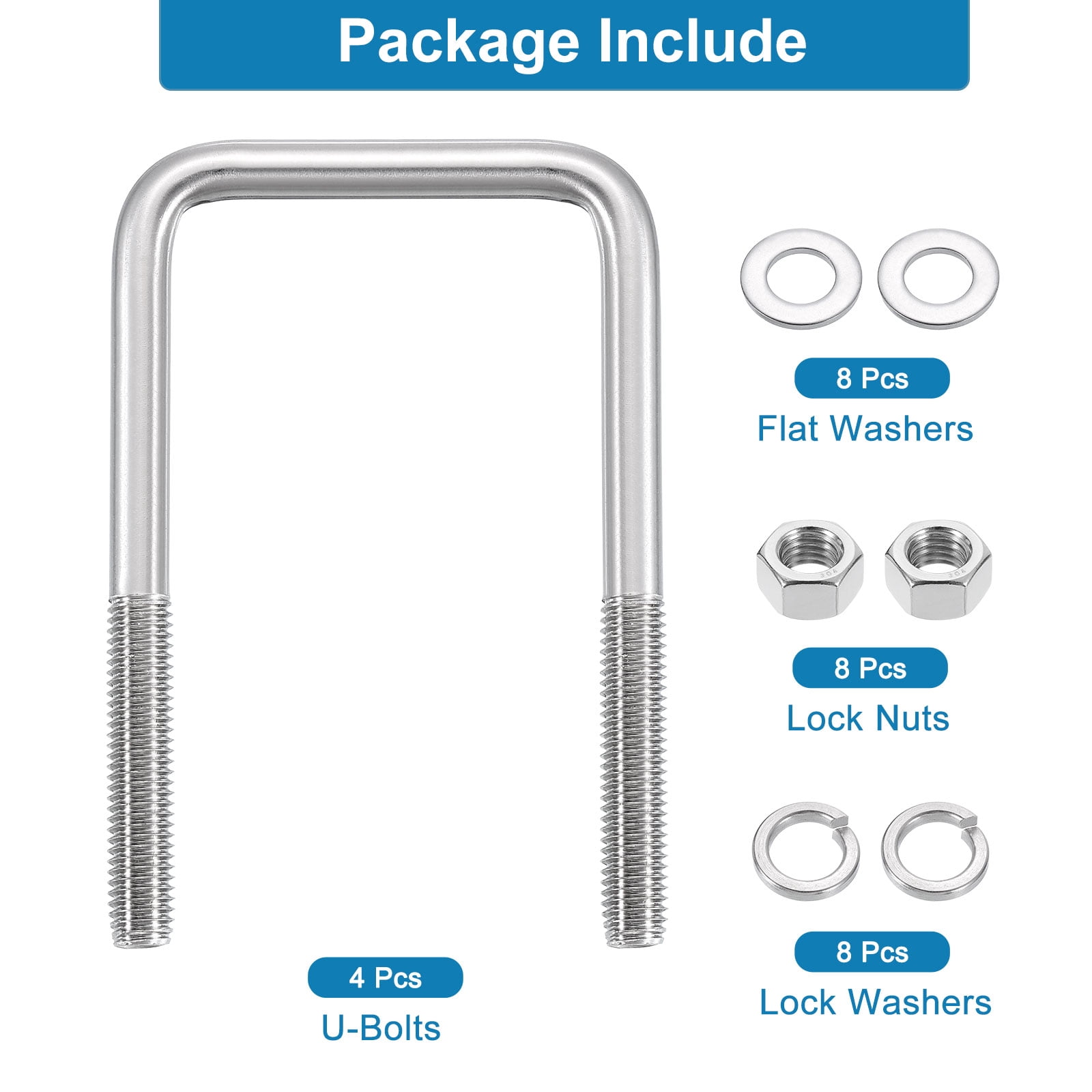 Uxcell U Bolts, 4 Set 3-1/16" x 5-5/16" - 304 Stainless Steel Square U Bolt with Washers and Nuts, Heavy Duty U-Bolts for Boat Trailer Ski Boat Trailer Sailboat Industrial Fasteners