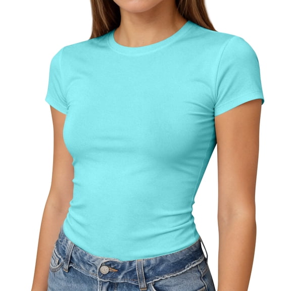 Women's Crew Neck Short Sleeve Fitted Shirts Basic Stretchy T-Shirt Summer Workout Casual Tops Sky Blue M
