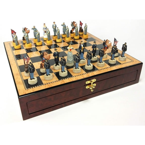 US American Civil War Queens Chess Set with 17" Gloss Walnut Color Storage Board