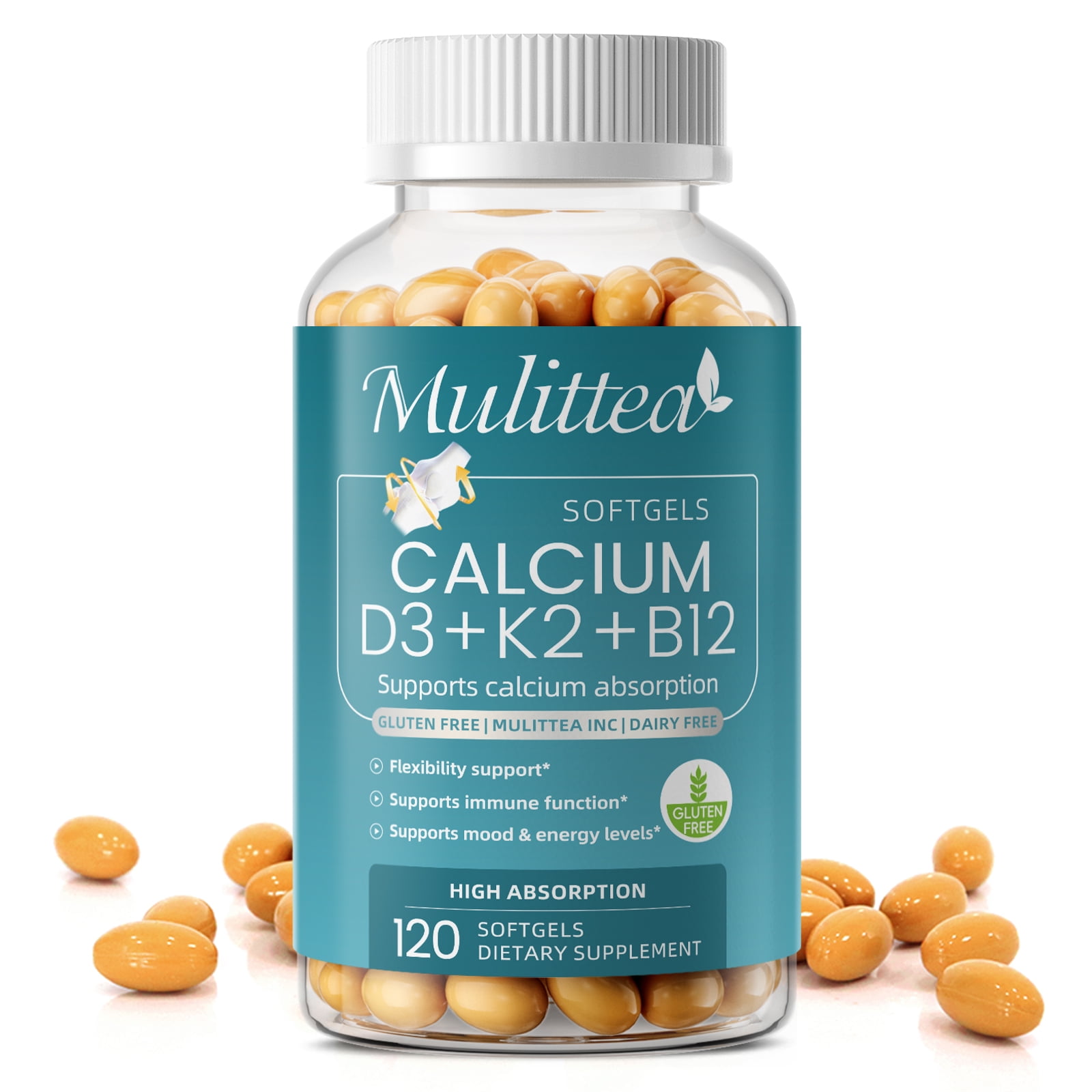 4-in-1 Calcium Complex – with Vitamin D3, K2 (MK-7) & B12 for Bone, Immune & Heart Health, 120 Softgels