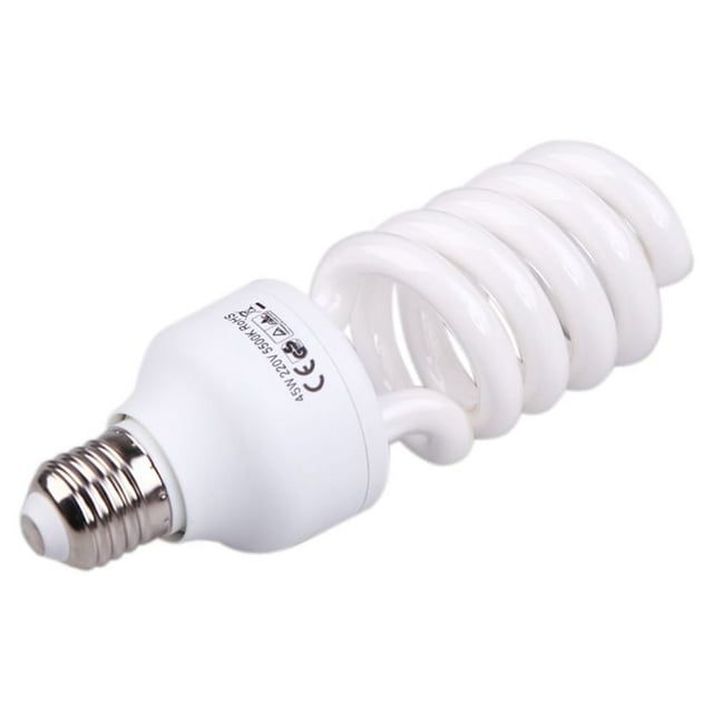 Foco de estudio fotográfico de 45W, 5500K, 220V con base E27, ideal para iluminación profesional en cámaras digitales, larga vida útil de 8000 horas y temperatura de operación baja.