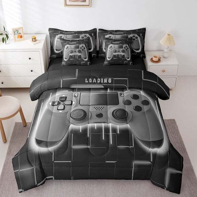 Grey Gaming Comforter Set 7 Piece Bed in a Bag Twin,Gamer Bedding Sets Neon Lights Abstract Geometry Sheet Set with Comforter Gamer Room Decor for Boys