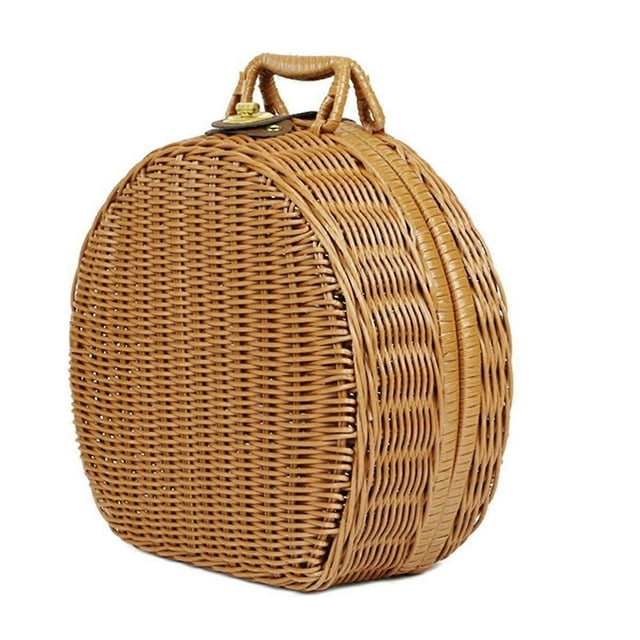 Round Rattan Suitcase Basket, Vintage Rattan Woven Storage Suitcase Wicker Storage Box with Handles, Rattan Storage Box