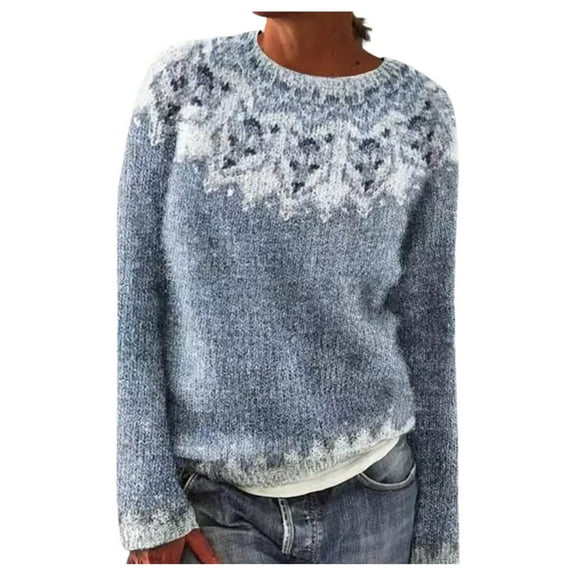 Womens Fair Isle Sweaters Knit Vintage Sweater Winter Fall Long Sleeve Striped Sweater Light Blue XL