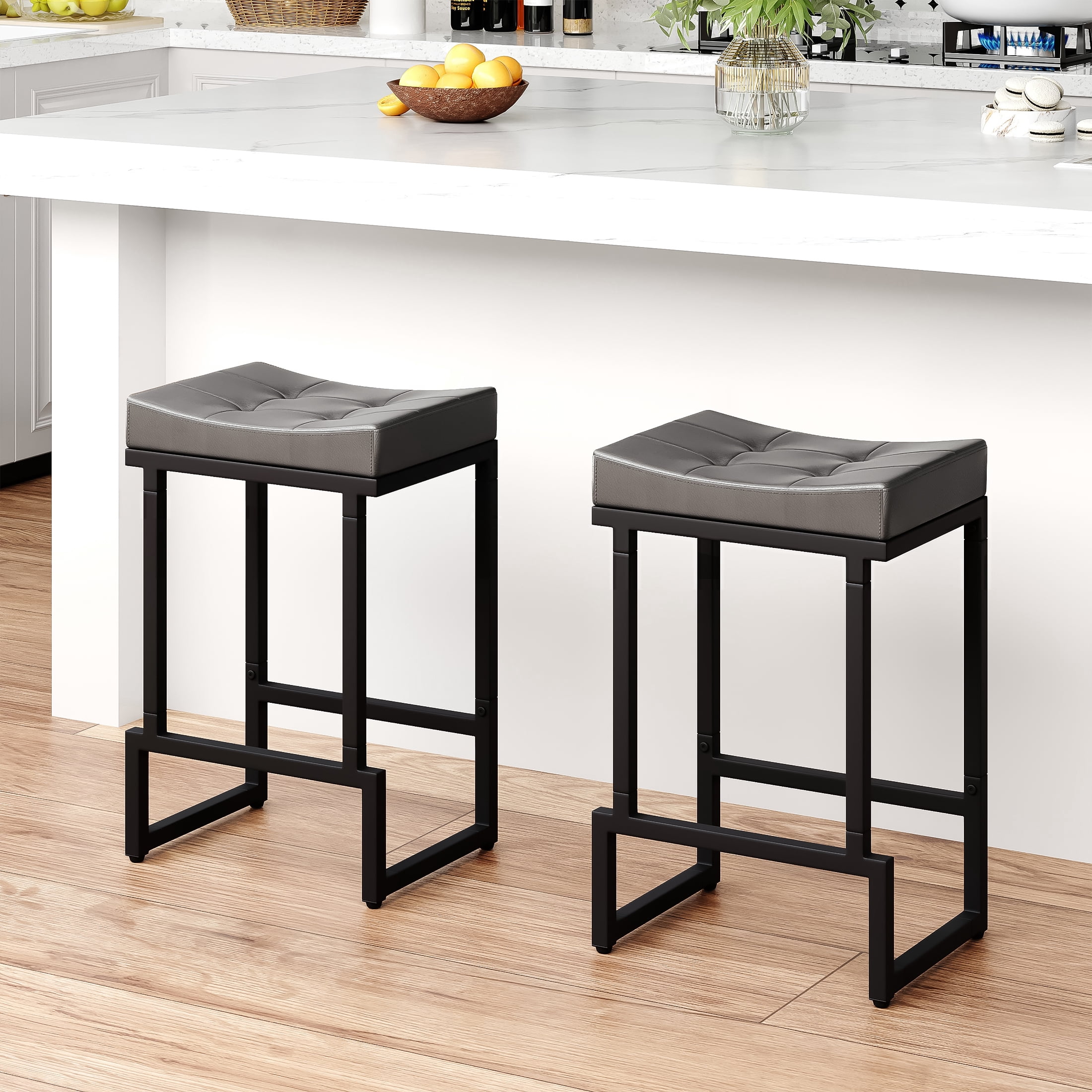 FIRAVOE Bar Stools Set of 2, 24" Counter Height Bar Stools (Backless) Faux Leather Saddle Counter Stools for Kitchen Island, Gray