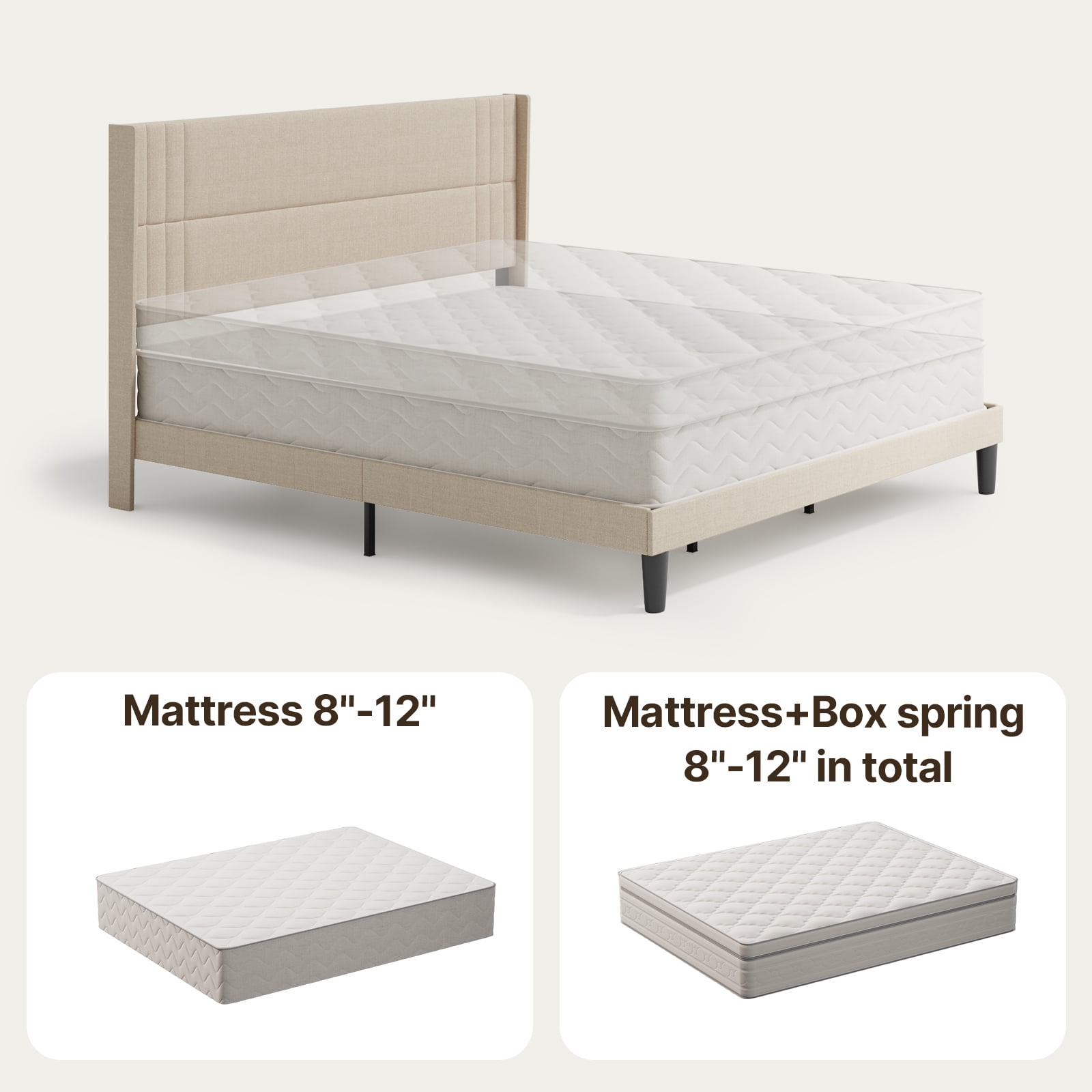 King Platform Bed Frame with Wingback Headboard, Wood Slat Support, Noise-Free, No Box Spring Needed, 850 lbs, Beige
