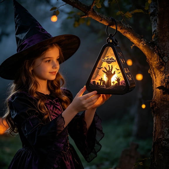 zhonghuaying 1 Pack Triangular Hollow Cutout Halloween LED Night Light, 4 Assorted Themed Pattern Hanging Decor Lamp for Indoor Halloween Party Decorations & Fall Home Tabletop Ornament A