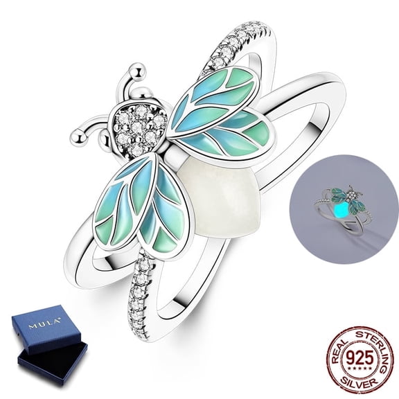MULA 925 Sterling Silver Luminous Firefly Ring for Women, Dainty Glowing Bug Ring, Best Friend Birthday & Valentine's Day Gift